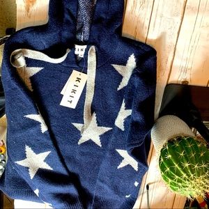 K.I.K.I.T sz M Navy Blue Hoodie Wool Sweater, Star pattern with drawstring